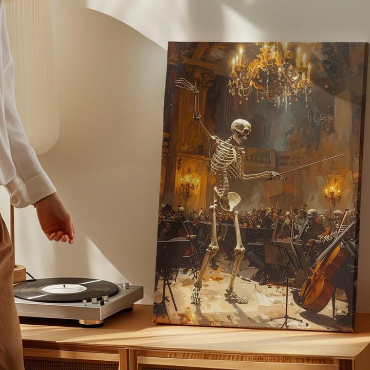 Skeleton Orchestra Conductor Canvas – Elegant Halloween Concert Hall Art - Gifitto