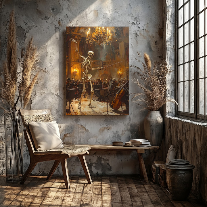 Skeleton Orchestra Conductor Canvas – Elegant Halloween Concert Hall Art - Gifitto