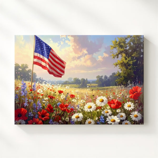 Watercolor Flag & Wildflowers Canvas – Patriotic Floral Harmony Wall Art - Gifitto