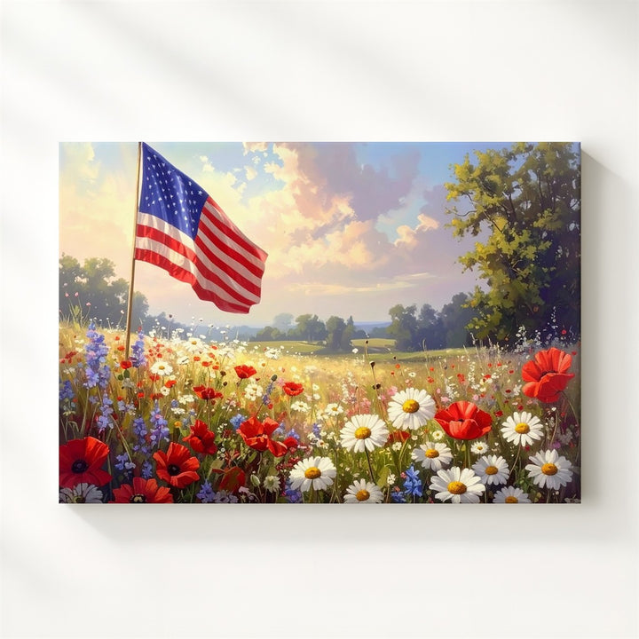 Watercolor Flag & Wildflowers Canvas – Patriotic Floral Harmony Wall Art - Gifitto