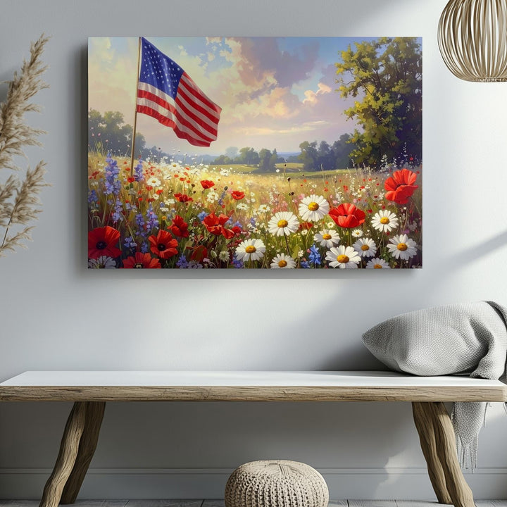 Watercolor Flag & Wildflowers Canvas – Patriotic Floral Harmony Wall Art - Gifitto