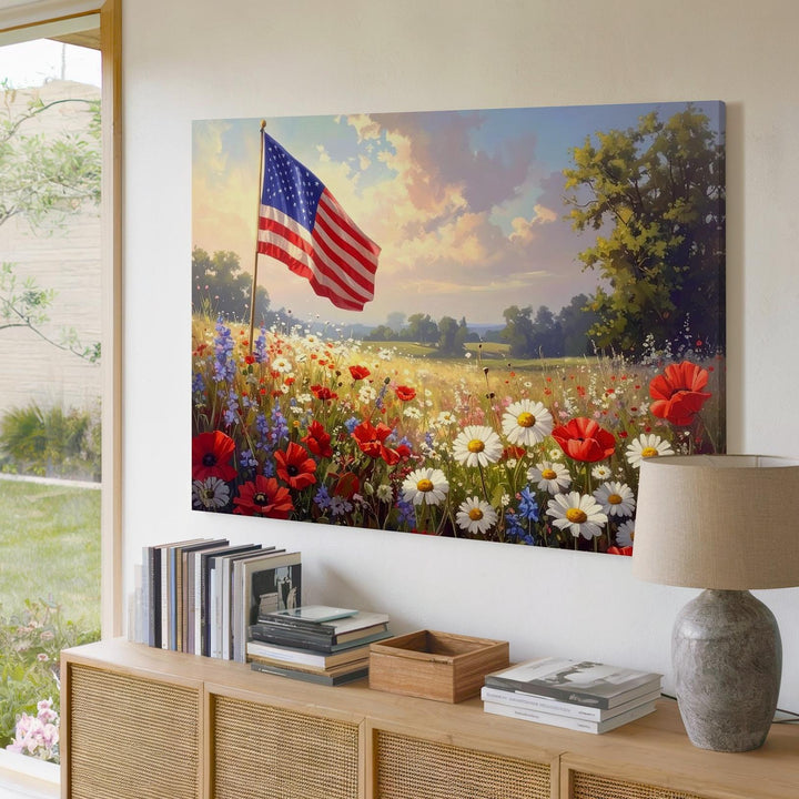 Watercolor Flag & Wildflowers Canvas – Patriotic Floral Harmony Wall Art - Gifitto