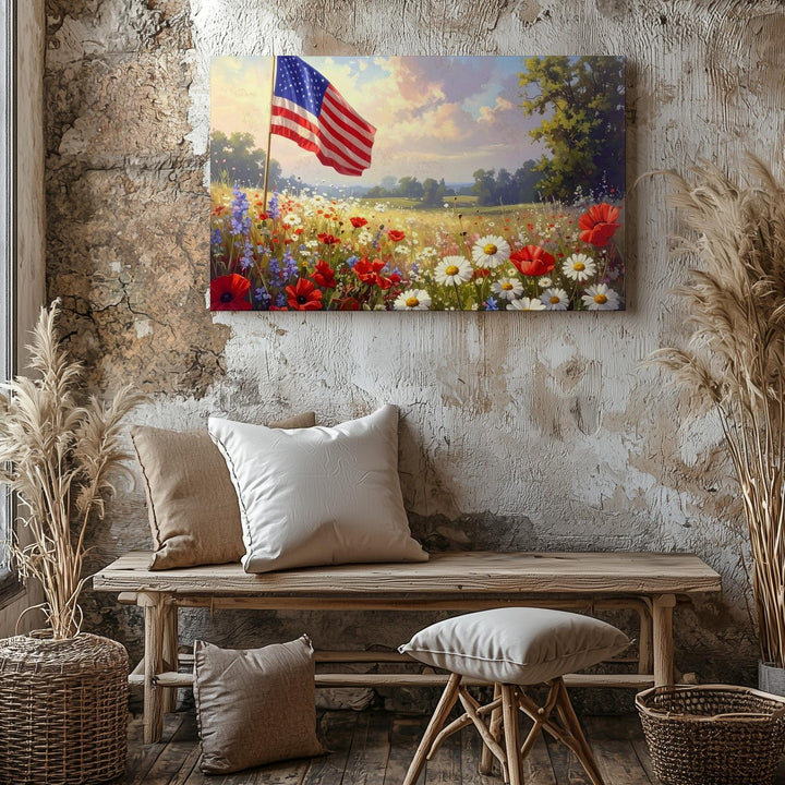 Watercolor Flag & Wildflowers Canvas – Patriotic Floral Harmony Wall Art - Gifitto