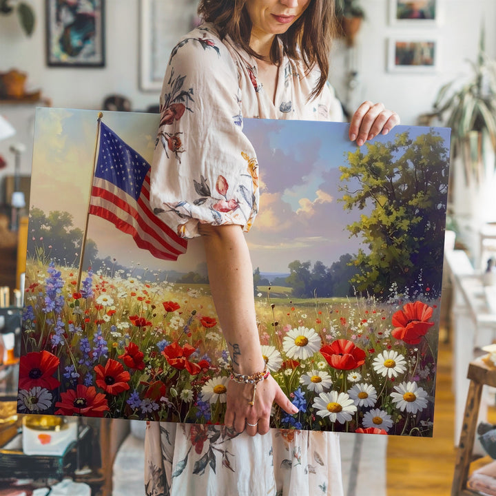 Watercolor Flag & Wildflowers Canvas – Patriotic Floral Harmony Wall Art - Gifitto