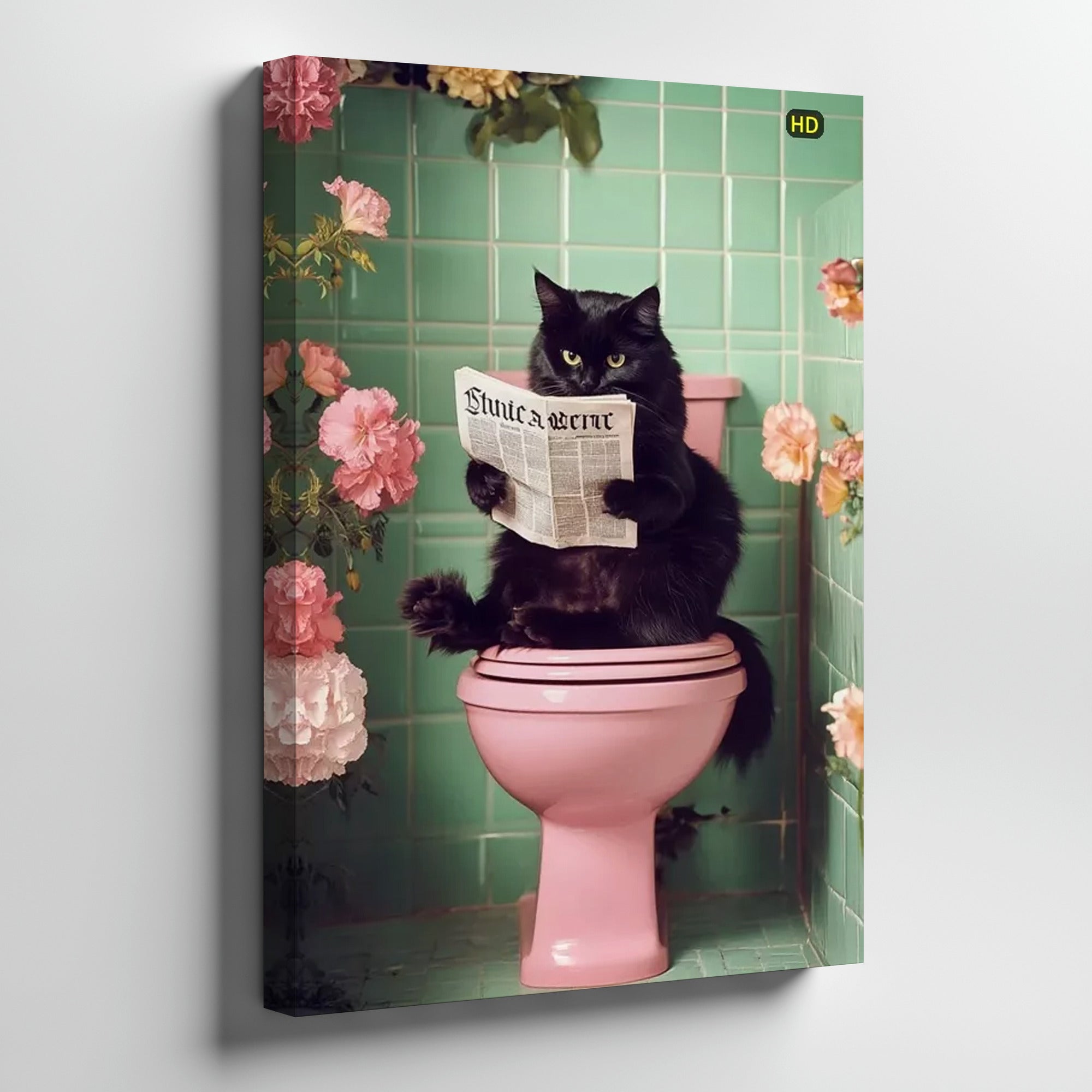 Canvas Wall Art - Black Cat Reading Newspaper On Pink Toilet Green Tile ...