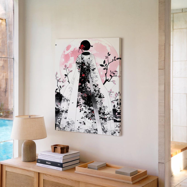 Ghost Bride & Pink Moon Canvas – Elegant Floral Halloween Femininity Art - Gifitto