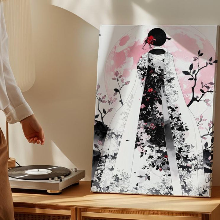 Ghost Bride & Pink Moon Canvas – Elegant Floral Halloween Femininity Art - Gifitto