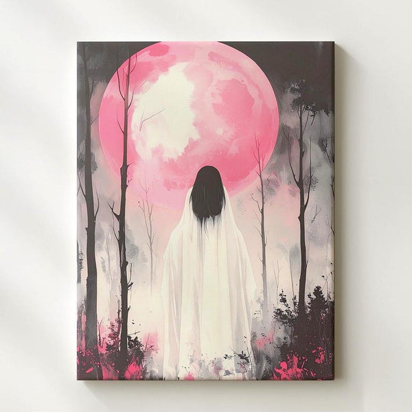 Silent Ghost & Pink Moon Canvas – Poetic Halloween Forest Wall Art - Gifitto
