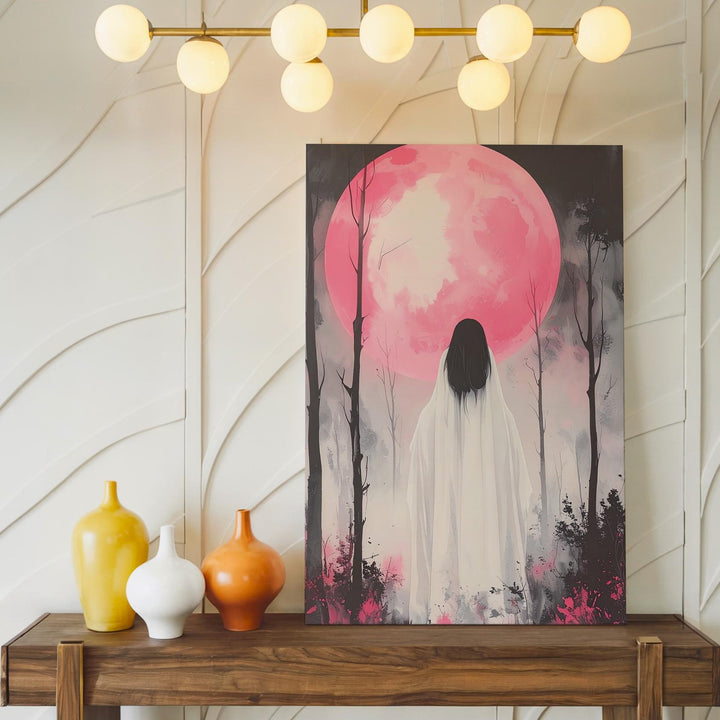 Silent Ghost & Pink Moon Canvas – Poetic Halloween Forest Wall Art - Gifitto