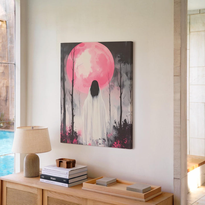 Silent Ghost & Pink Moon Canvas – Poetic Halloween Forest Wall Art - Gifitto