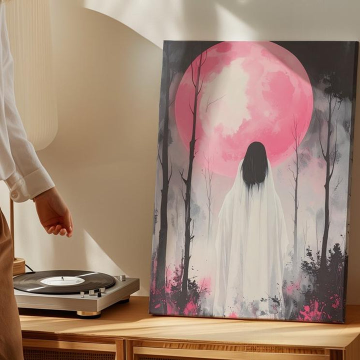 Silent Ghost & Pink Moon Canvas – Poetic Halloween Forest Wall Art - Gifitto