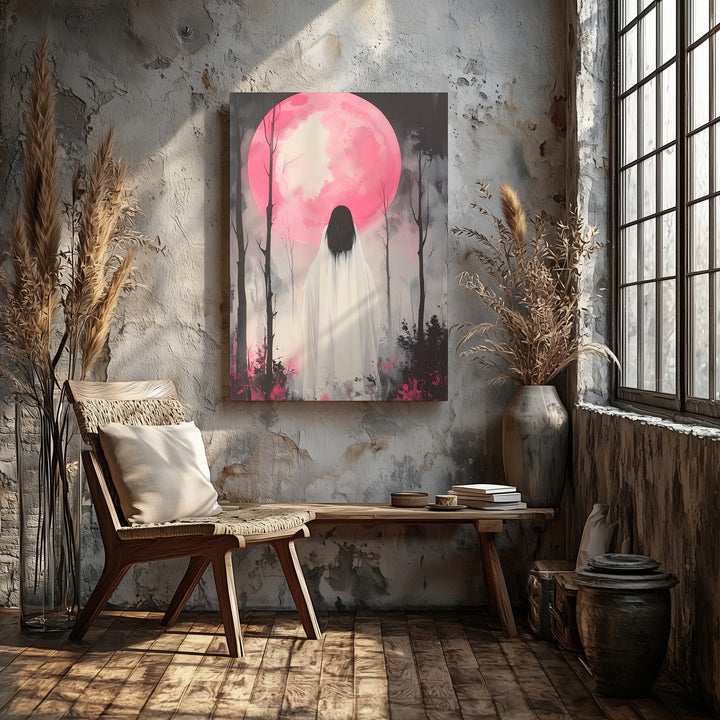 Silent Ghost & Pink Moon Canvas – Poetic Halloween Forest Wall Art - Gifitto