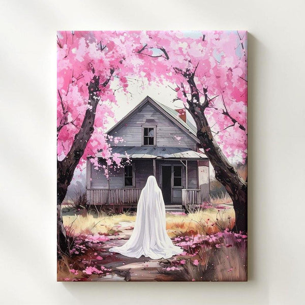 Gentle Ghost & Cherry Blossoms Canvas – Pastel Halloween Farmhouse Art - Gifitto