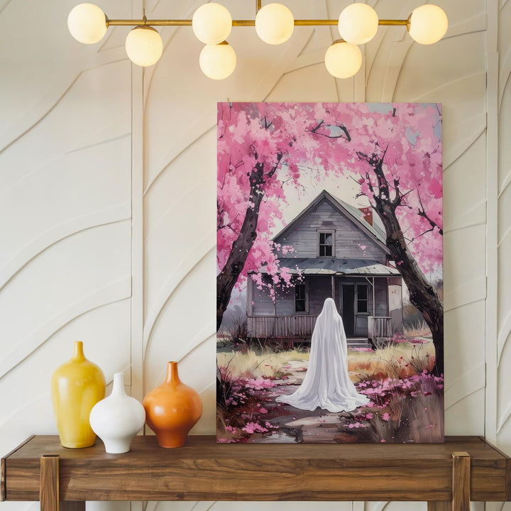 Gentle Ghost & Cherry Blossoms Canvas – Pastel Halloween Farmhouse Art - Gifitto