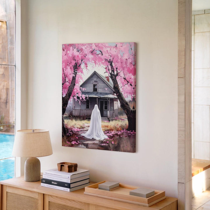 Gentle Ghost & Cherry Blossoms Canvas – Pastel Halloween Farmhouse Art - Gifitto