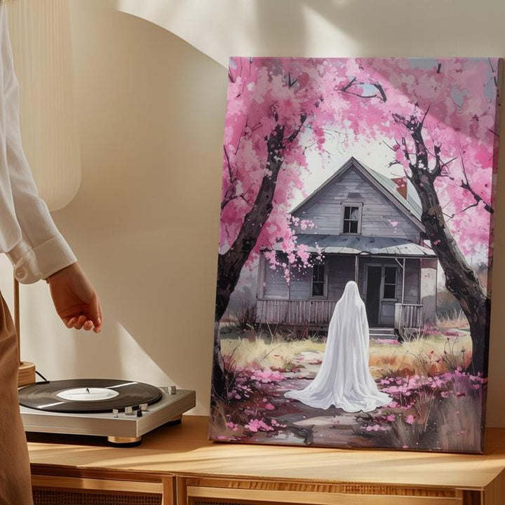 Gentle Ghost & Cherry Blossoms Canvas – Pastel Halloween Farmhouse Art - Gifitto