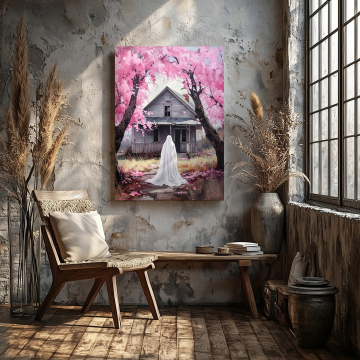 Gentle Ghost & Cherry Blossoms Canvas – Pastel Halloween Farmhouse Art - Gifitto
