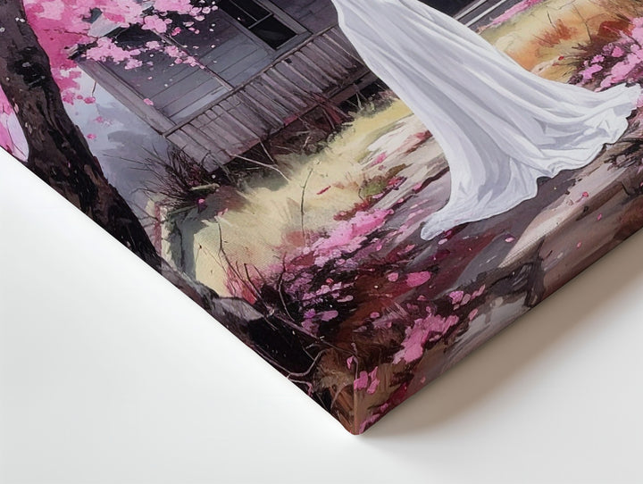 Gentle Ghost & Cherry Blossoms Canvas – Pastel Halloween Farmhouse Art - Gifitto