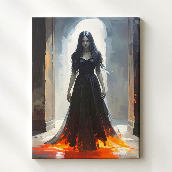 Ghostly Corridor Queen Canvas – Gothic Woman in Red Light Entrance Scene - Gifitto