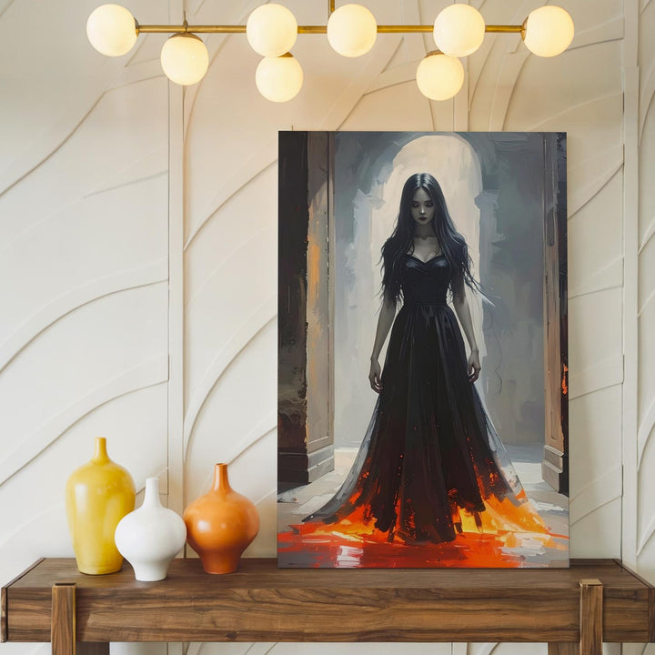 Ghostly Corridor Queen Canvas – Gothic Woman in Red Light Entrance Scene - Gifitto
