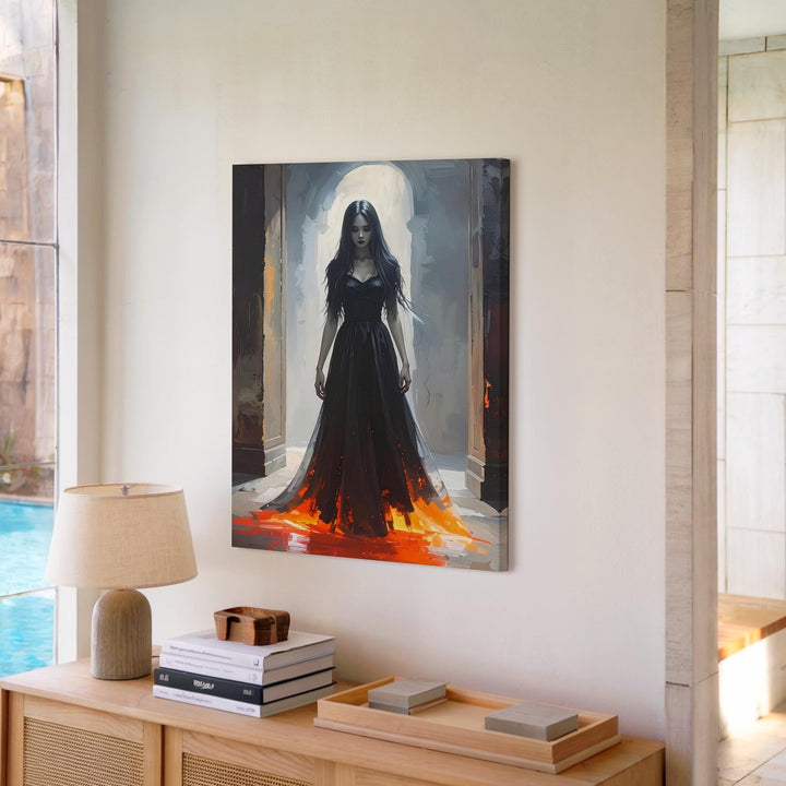 Ghostly Corridor Queen Canvas – Gothic Woman in Red Light Entrance Scene - Gifitto