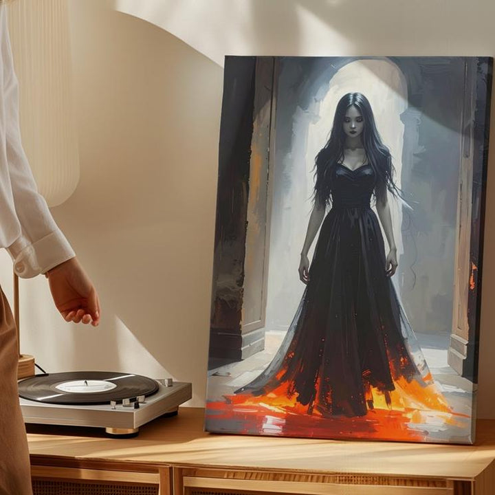 Ghostly Corridor Queen Canvas – Gothic Woman in Red Light Entrance Scene - Gifitto