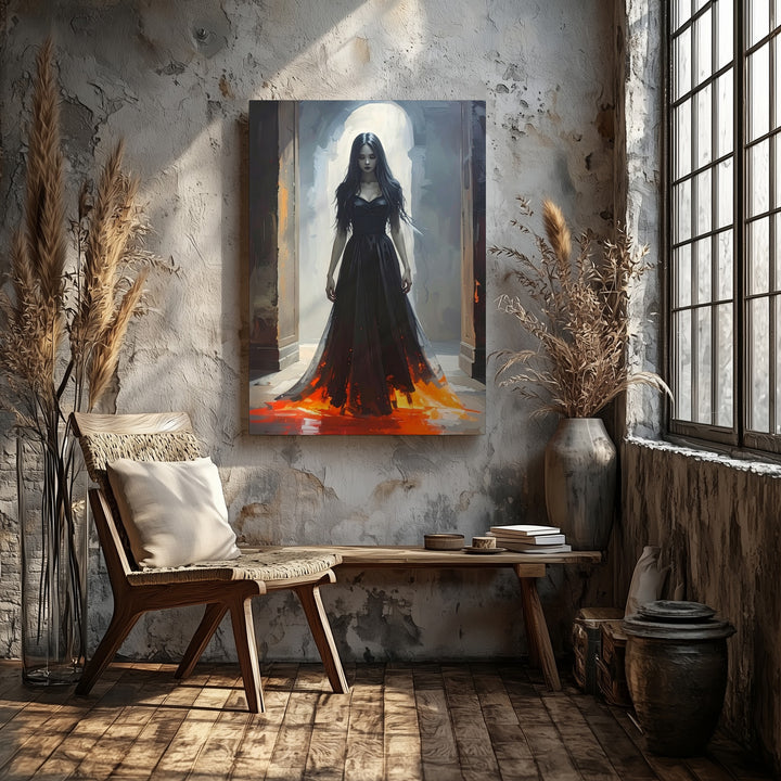 Ghostly Corridor Queen Canvas – Gothic Woman in Red Light Entrance Scene - Gifitto
