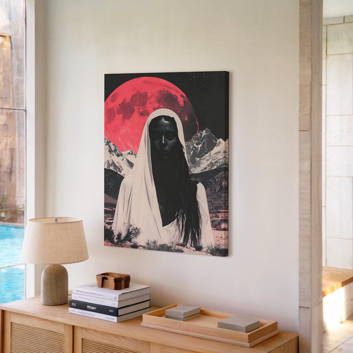 Red Moon Ghost Canvas – Retro Desert Mystery Halloween Art - Gifitto