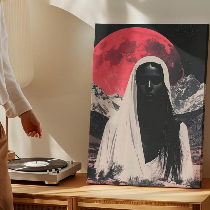 Red Moon Ghost Canvas – Retro Desert Mystery Halloween Art - Gifitto