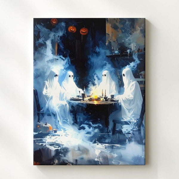 Ghostly Dinner Gathering Canvas – Whimsical Halloween Table Scene with Floating Spirits - Gifitto