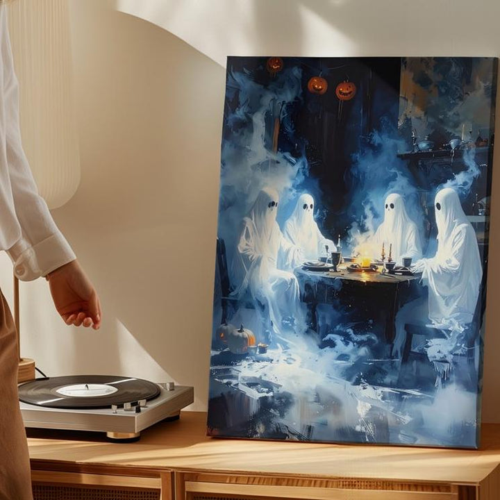Ghostly Dinner Gathering Canvas – Whimsical Halloween Table Scene with Floating Spirits - Gifitto