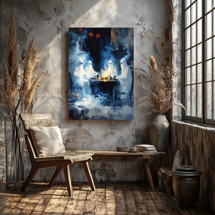 Ghostly Dinner Gathering Canvas – Whimsical Halloween Table Scene with Floating Spirits - Gifitto
