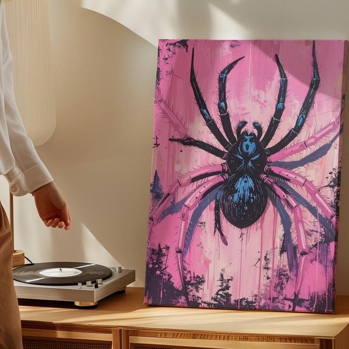Giant Spider Web Canvas – Neon Horror Comic Halloween Wall Art - Gifitto