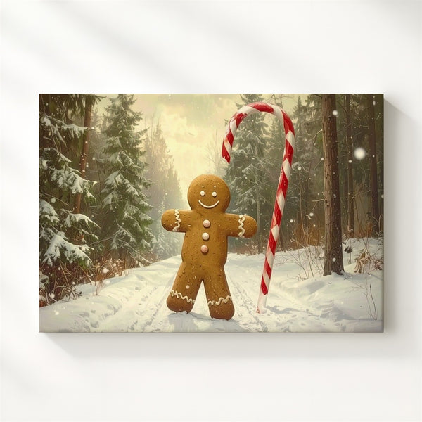 Whimsical Gingerbread Man Canvas – Candy Cane Walk in Snowy Forest - Gifitto