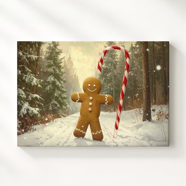 Whimsical Gingerbread Man Canvas – Candy Cane Walk in Snowy Forest - Gifitto