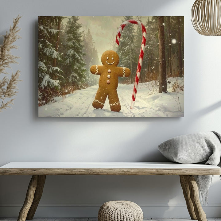 Whimsical Gingerbread Man Canvas – Candy Cane Walk in Snowy Forest - Gifitto