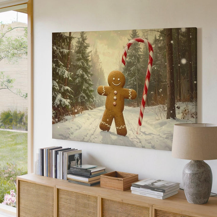 Whimsical Gingerbread Man Canvas – Candy Cane Walk in Snowy Forest - Gifitto