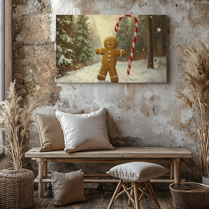 Whimsical Gingerbread Man Canvas – Candy Cane Walk in Snowy Forest - Gifitto