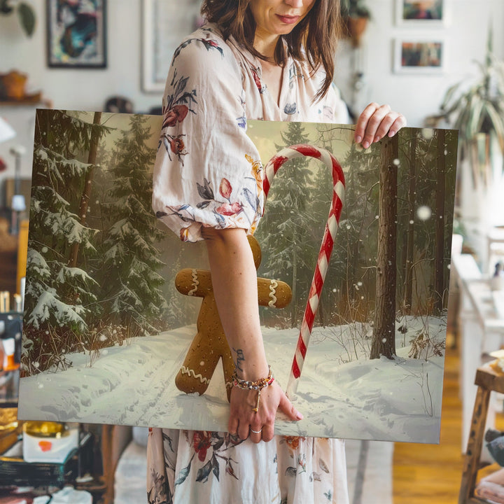 Whimsical Gingerbread Man Canvas – Candy Cane Walk in Snowy Forest - Gifitto