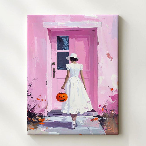 Vintage Halloween Walk Canvas – Girl with Jack-O’-Lantern Pail & Pink House - Gifitto