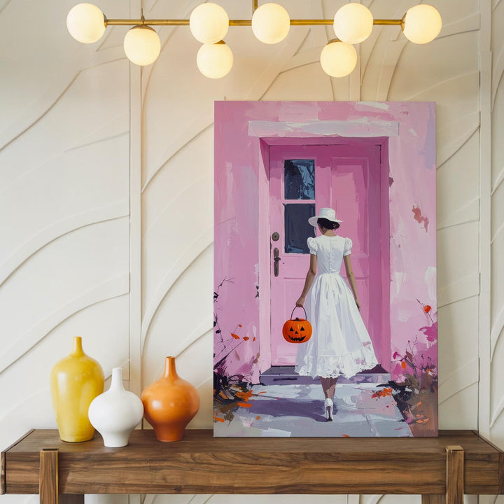 Vintage Halloween Walk Canvas – Girl with Jack-O’-Lantern Pail & Pink House - Gifitto