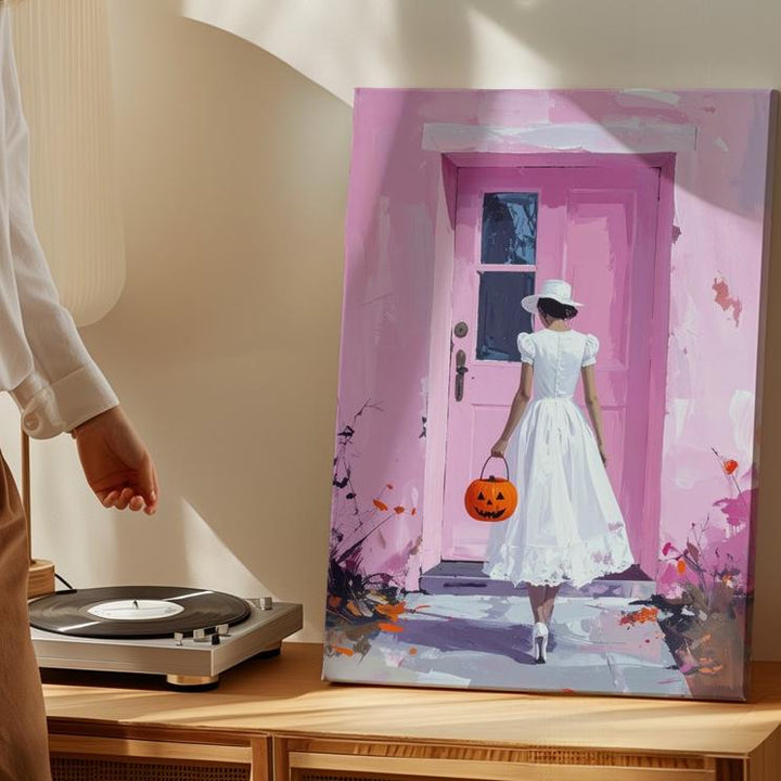 Vintage Halloween Walk Canvas – Girl with Jack-O’-Lantern Pail & Pink House - Gifitto