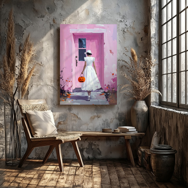 Vintage Halloween Walk Canvas – Girl with Jack-O’-Lantern Pail & Pink House - Gifitto