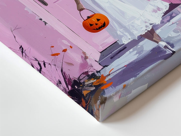 Vintage Halloween Walk Canvas – Girl with Jack-O’-Lantern Pail & Pink House - Gifitto