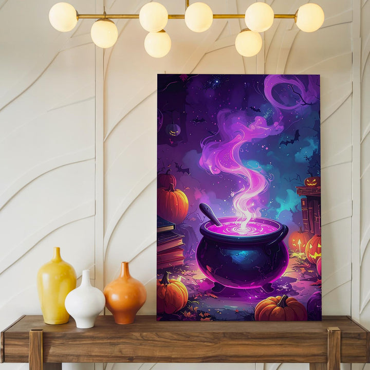 Glowing Witch’s Cauldron Canvas – Pink & Purple Fantasy Halloween Art - Gifitto