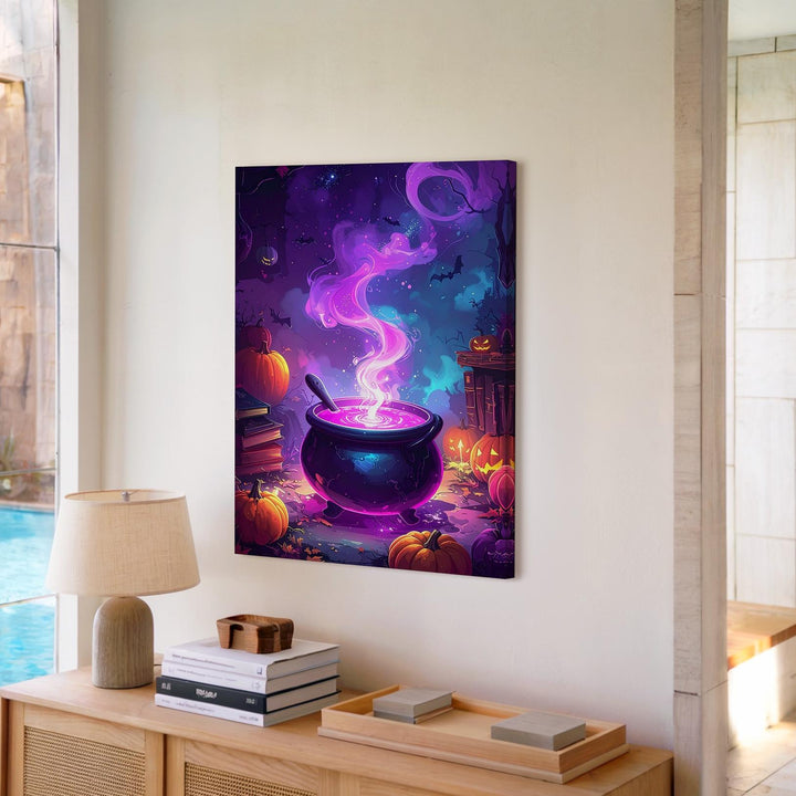 Glowing Witch’s Cauldron Canvas – Pink & Purple Fantasy Halloween Art - Gifitto