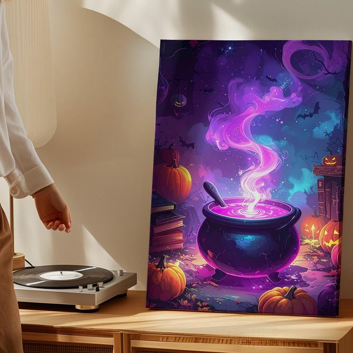 Glowing Witch’s Cauldron Canvas – Pink & Purple Fantasy Halloween Art - Gifitto