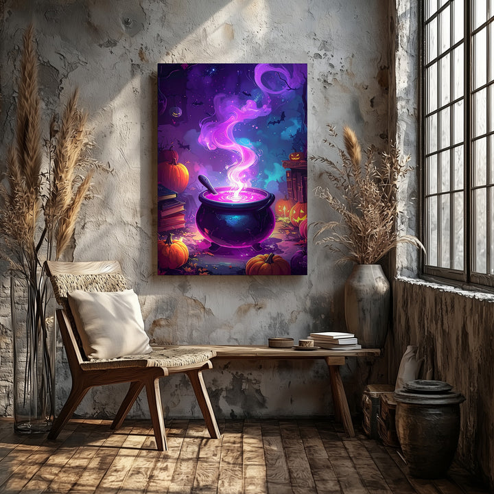 Glowing Witch’s Cauldron Canvas – Pink & Purple Fantasy Halloween Art - Gifitto