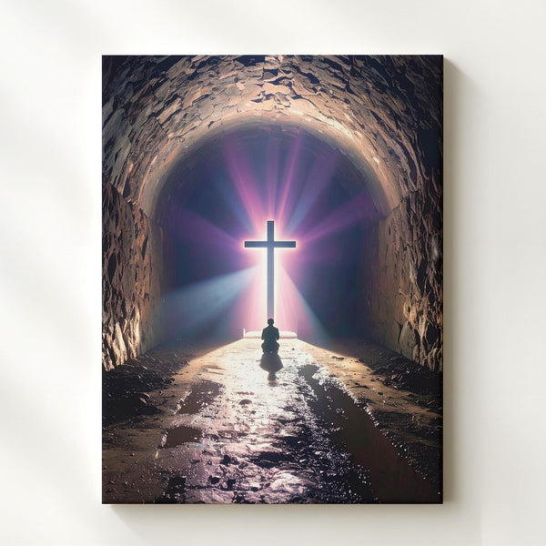 Glowing Cross Tunnel Canvas – Dramatic Christian Wall Art of Spiritual Journey and Divine Salvation - Gifitto