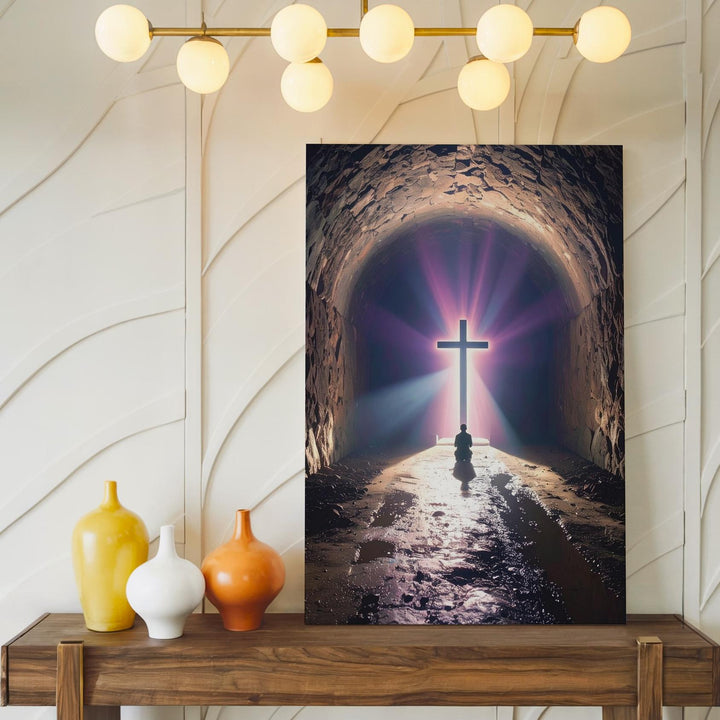 Glowing Cross Tunnel Canvas – Dramatic Christian Wall Art of Spiritual Journey and Divine Salvation - Gifitto